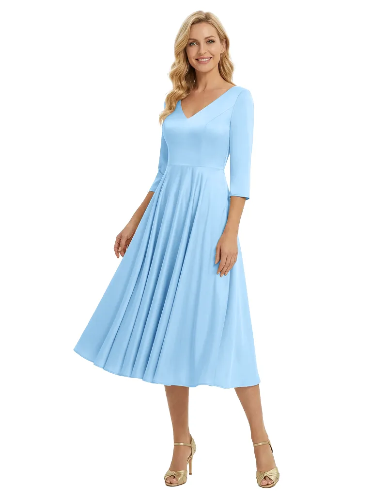 Elegant V-Neck Long Sleeves A-Line Satin Tea-Length Mother of the Bride Dresses sold by ChicSew product image thumbnail 5