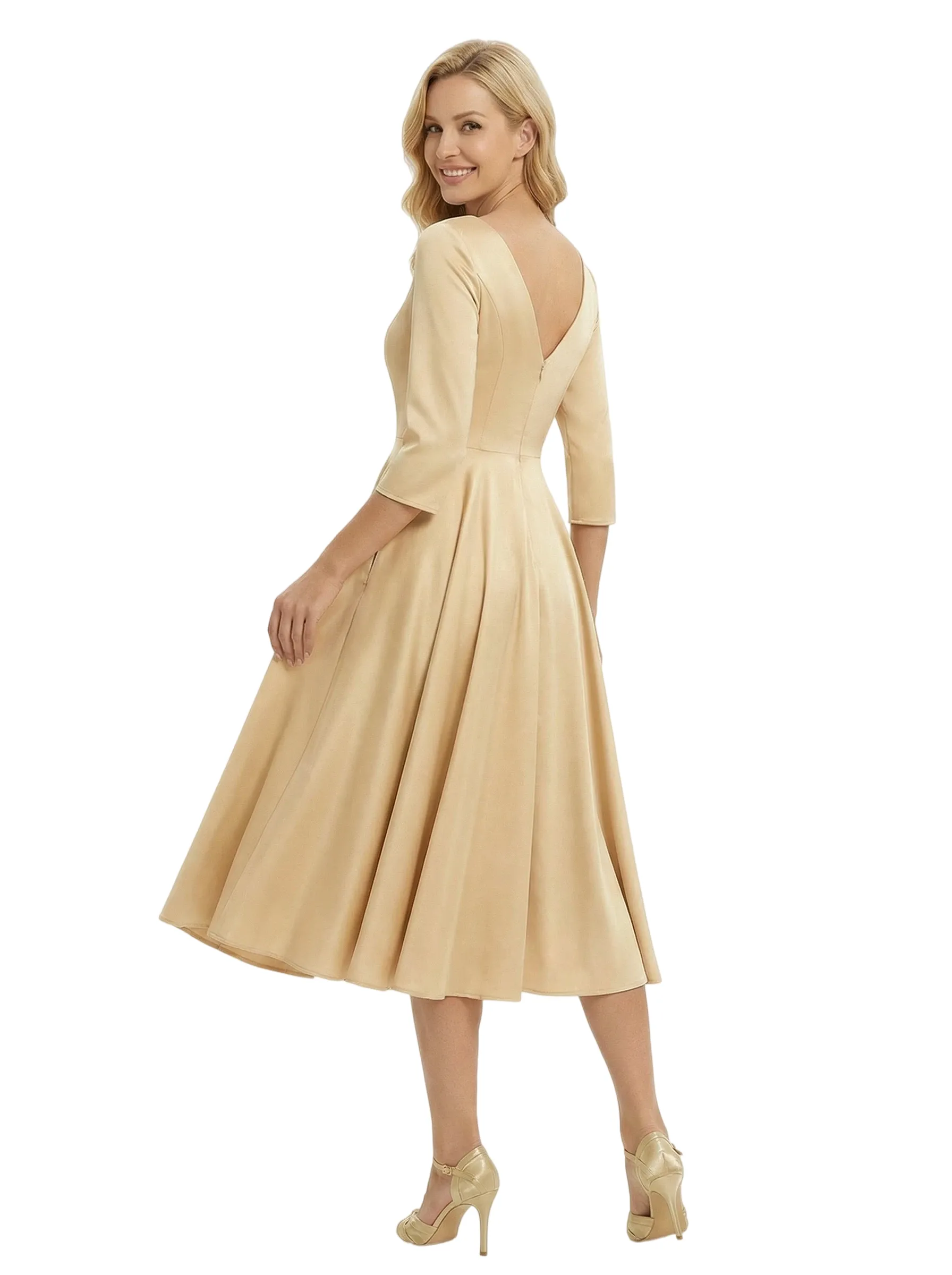 Elegant V-Neck Long Sleeves A-Line Satin Tea-Length Mother of the Bride Dresses sold by ChicSew product image thumbnail 3