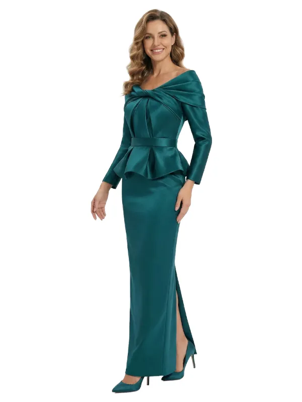 Morden Off The Shoulder Satin Mother of The Bride Dress Long Sleeves Sheath Maxi Gown sold by ChicSew