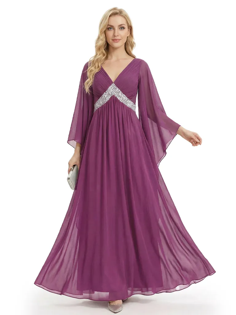 Graceful Empire Waist Mother Of The Bride Dress Chiffon V-Neck Flutter Sleeve Maxi Gown sold by ChicSew