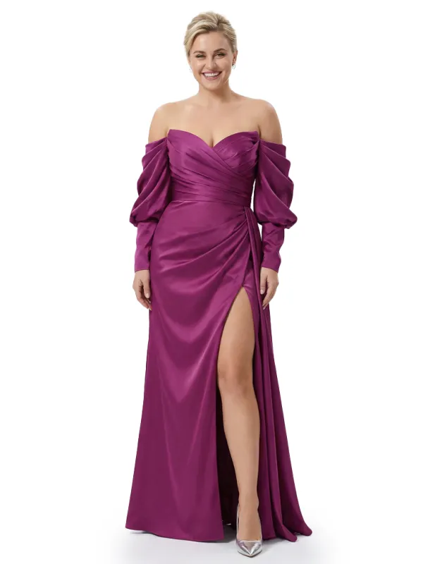 Elegant Off The Shoulder Long Sleeves Satin Mother Of The Bride Gown With Side Slit sold by ChicSew