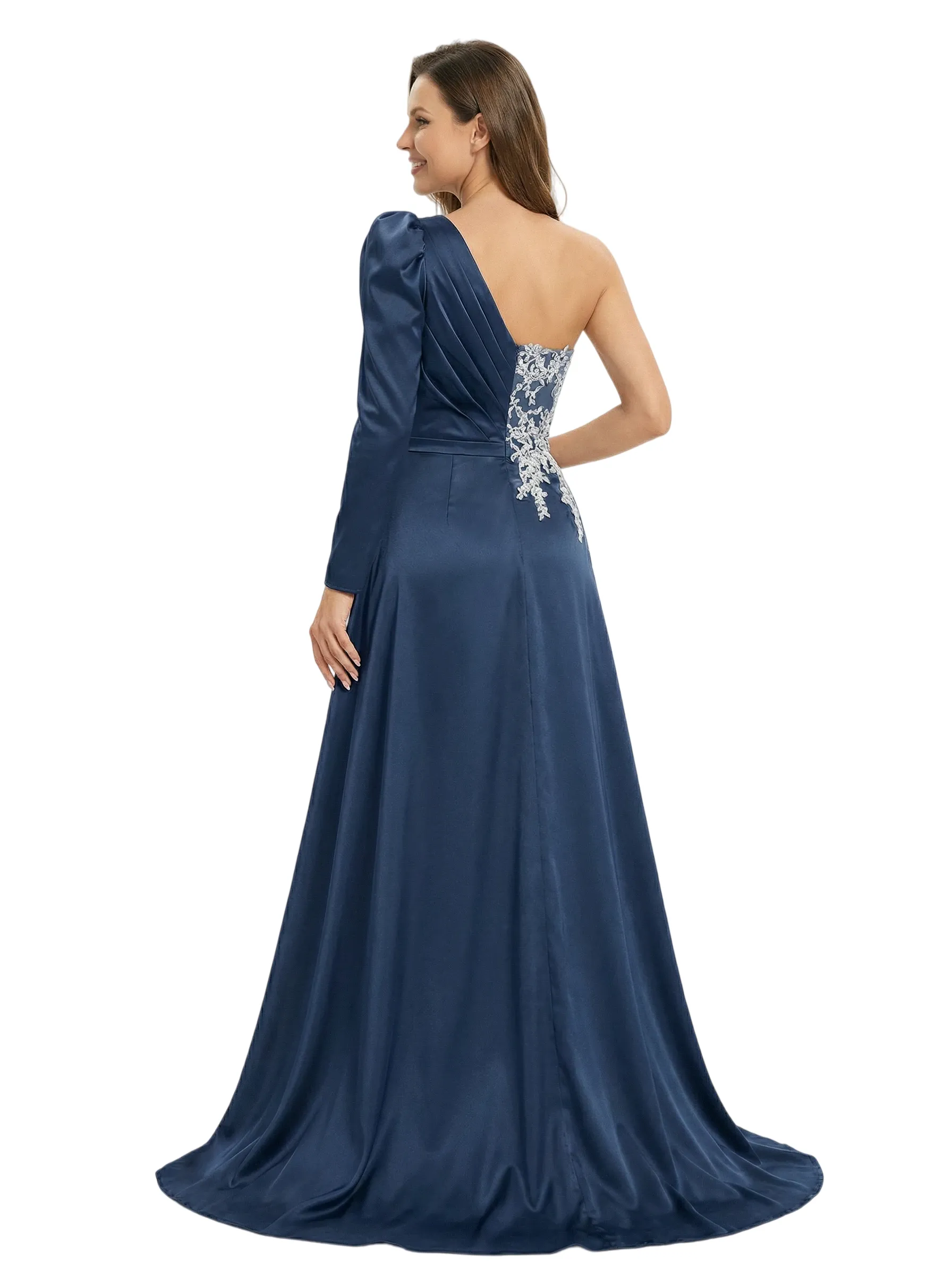 One Shoulder Side Slit Lace Satin Mother of The Groom Dress Long Sleeve Maxi Gown sold by ChicSew product image thumbnail 3
