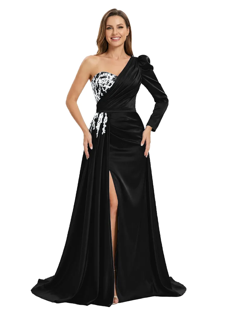 One Shoulder Side Slit Lace Satin Mother of The Groom Dress Long Sleeve Maxi Gown sold by ChicSew product image thumbnail 4