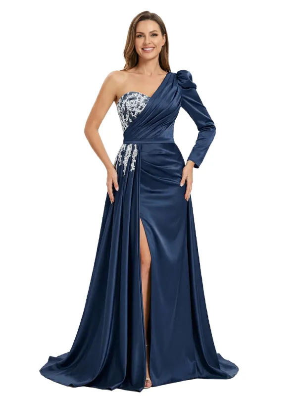 One Shoulder Side Slit Lace Satin Mother of The Groom Dress Long Sleeve Maxi Gown sold by ChicSew
