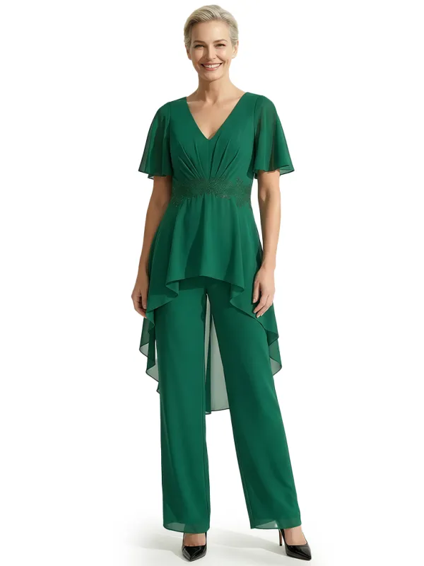 Unique V-Neck Chiffon Mother Of The Bride PantSuit With Flutter Sleeves sold by ChicSew