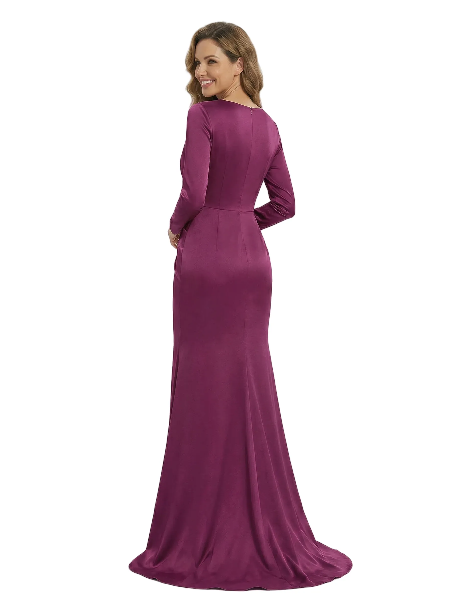 Elegant V-Neck Satin Ruched Mother Of The Bride Gown With Long Sleeves Floor Length sold by ChicSew product image thumbnail 3