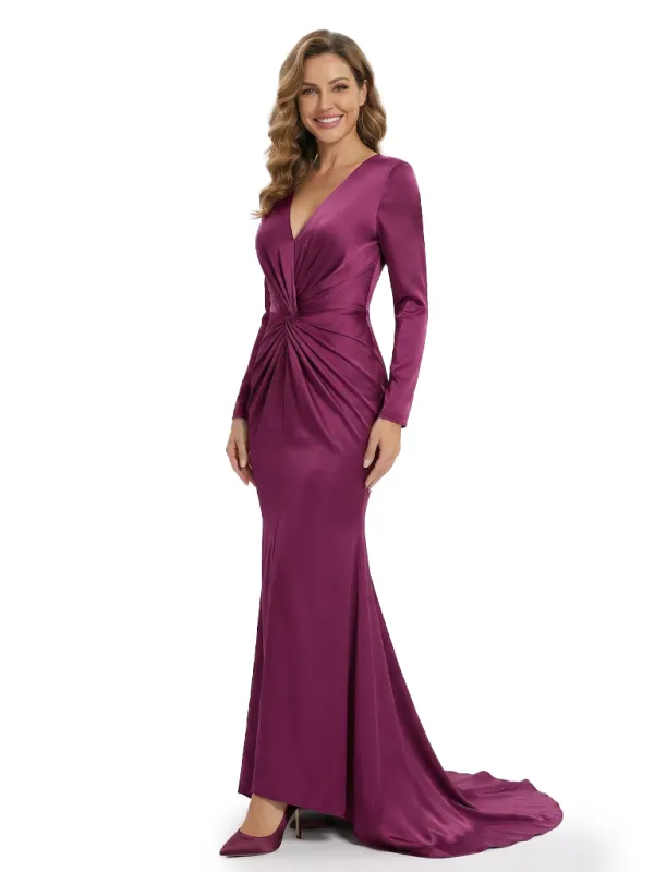 Elegant V-Neck Satin Ruched Mother Of The Bride Gown With Long Sleeves Floor Length sold by ChicSew