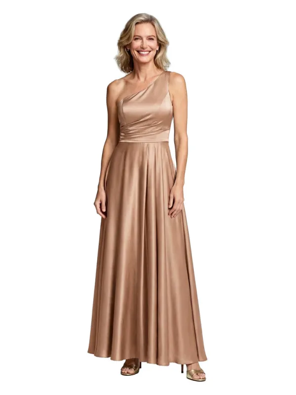 Elegant One Shoulder Satin Mother of The Bride Dress Floor-Length A-Line Gown with Ruched Bodice Classy Wedding Guest Attire sold by ChicSew