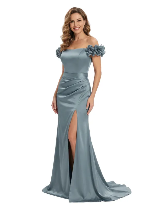 Fancy Off Shoulder Satin Mother of The Groom Dress Floor-Length 3D Flower sold by ChicSew