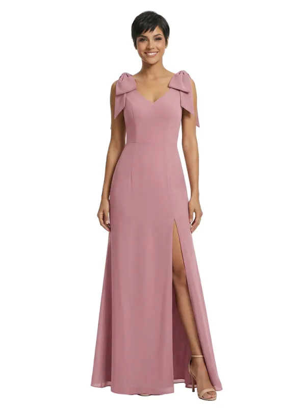 Pretty V-Neck Chiffon Maxi Evening Gown with Bow ShoulderMother of The Bride Dress Slit sold by ChicSew