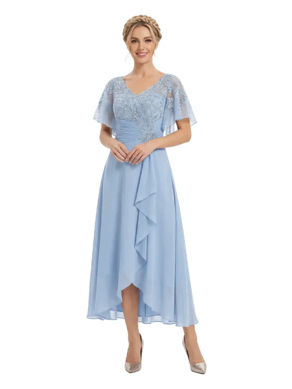 Unique Flutter Sleeves Lace Beaded Short Mother of the Groom Dresses sold by ChicSew