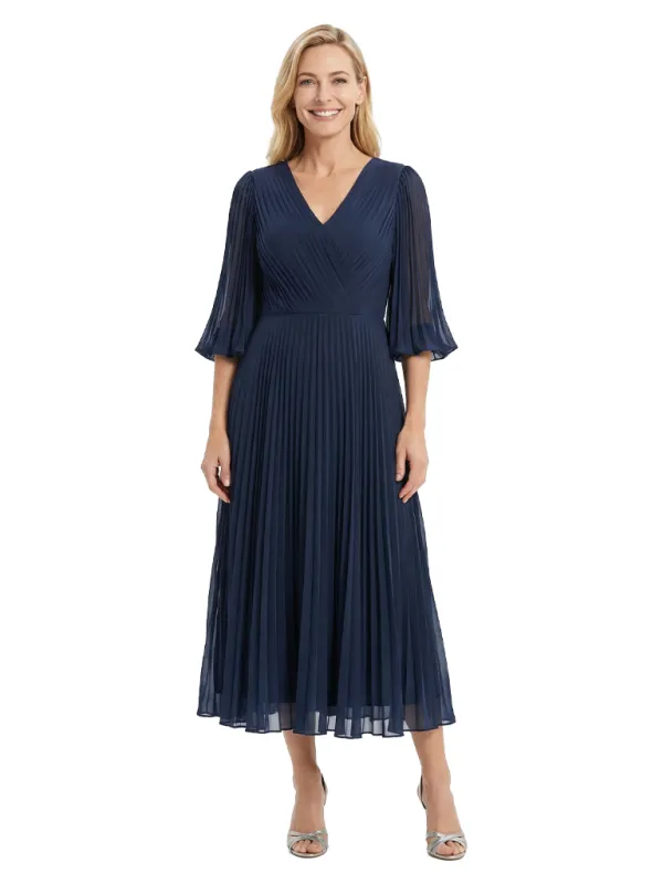 Modern A-Line Mother of the Bride Dresses V-Neck Ruched Chiffon Tea Length Formal Gowns sold by ChicSew