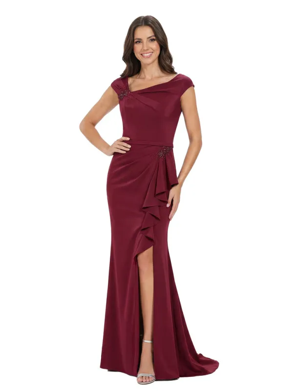 Sexy Asymmetric Neck Beaded Satin Mother Of The Bride Ruffle Slit Evening Gown sold by ChicSew