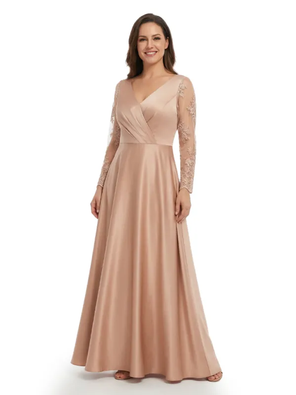 Elegant Lace Appliques Long Sleeves V-Neck A-Line Mother of the Groom Dresses sold by ChicSew