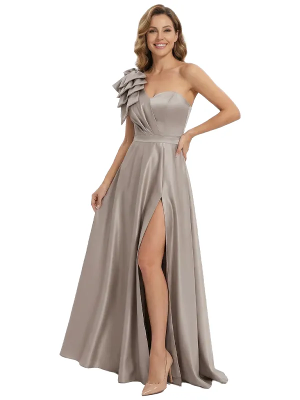 Unique One Shoulder Satin Floor Length Elegant Mother of the Bride Dresses With Bow Knot sold by ChicSew