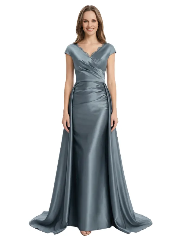 Morden V-Neck Cap Sleeves Mermaid Satin Floor-Length Mother of the Bride Dresses Overskirt sold by ChicSew
