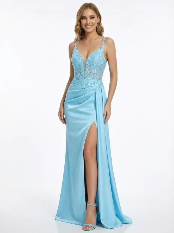 Elegant V-neck Lace Appliques Side Slit Satin Mermaid Party Dress sold by ChicSew