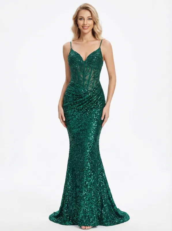 ChicSew Sparkly Sequins Spaghetti Straps Seqin Mermaid Prom Dress Formal Gown sold by ChicSew