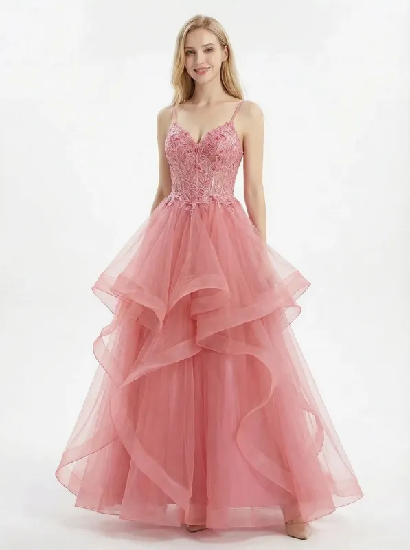 Ethereal Tiered Tulle Ball Gown Prom Dress Lace Applique V-Neck Spaghetti Strap Evening sold by ChicSew