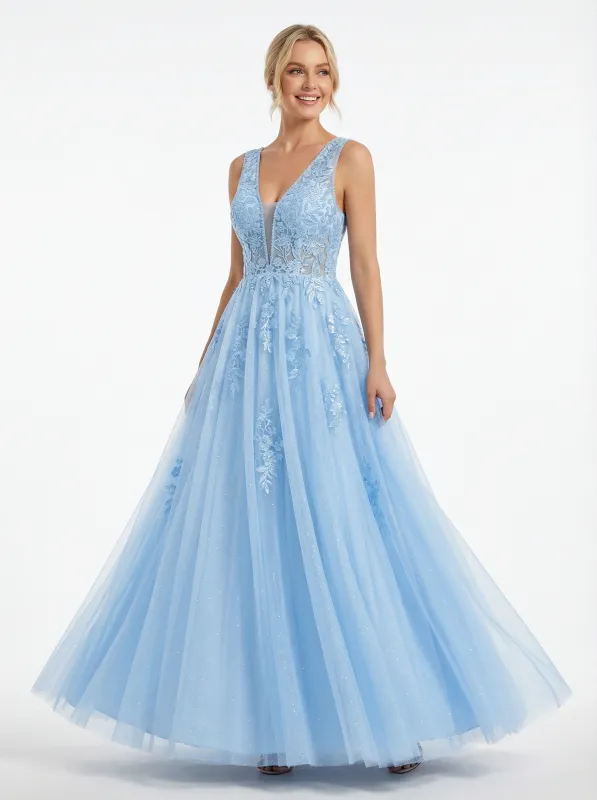 Elegant Floral Applique V-neck A-line Tulle Prom Dress sold by ChicSew