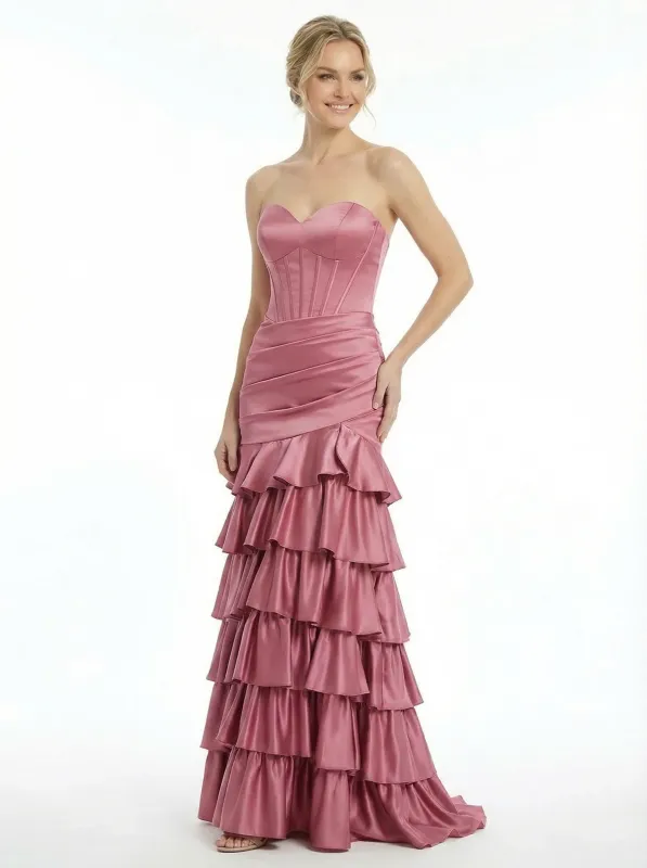 Elegant Sweetheart Neck Tiered Ruffle Satin Prom Gown Strapless Satin Mermaid Evening Wear sold by ChicSew
