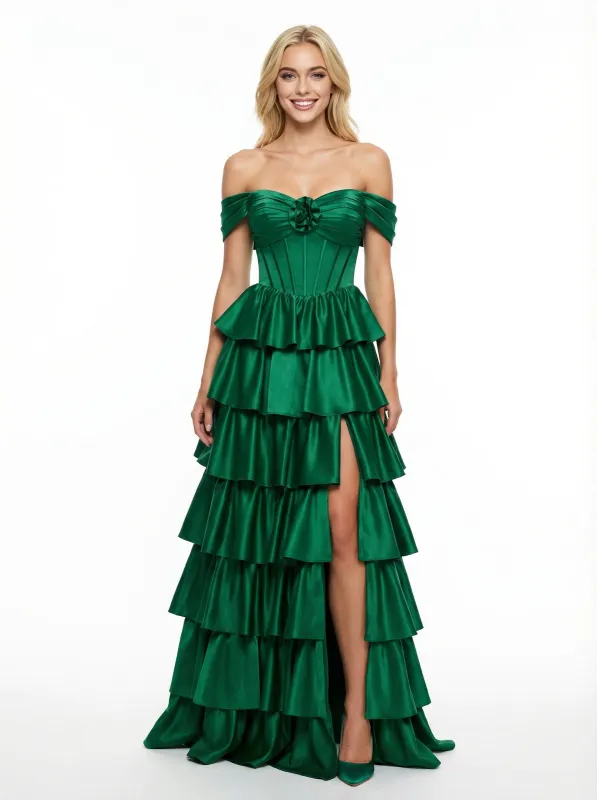 Sweet Off the Shoulder Ruffles Satin Corset A-line Party Prom Dress with Slit sold by ChicSew