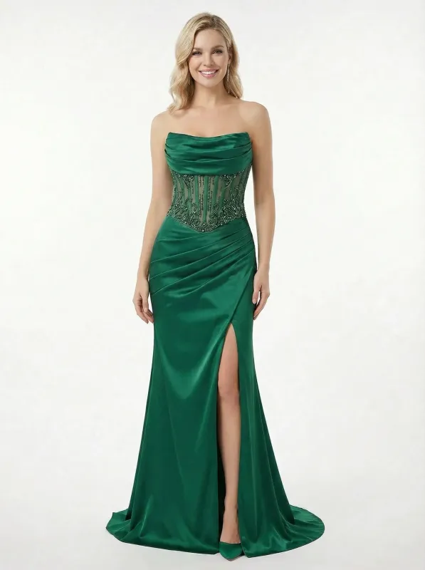 Pretty Strapless Cowl Neck Corset Cut Out Mermaid Satin Prom Gown Slit sold by ChicSew