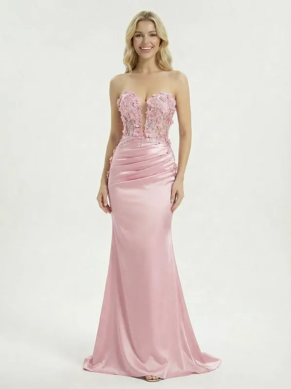 ChicSew Fancy Applique Ruched Prom Gown Sweetheart Satin Mermaid Party Dress sold by ChicSew