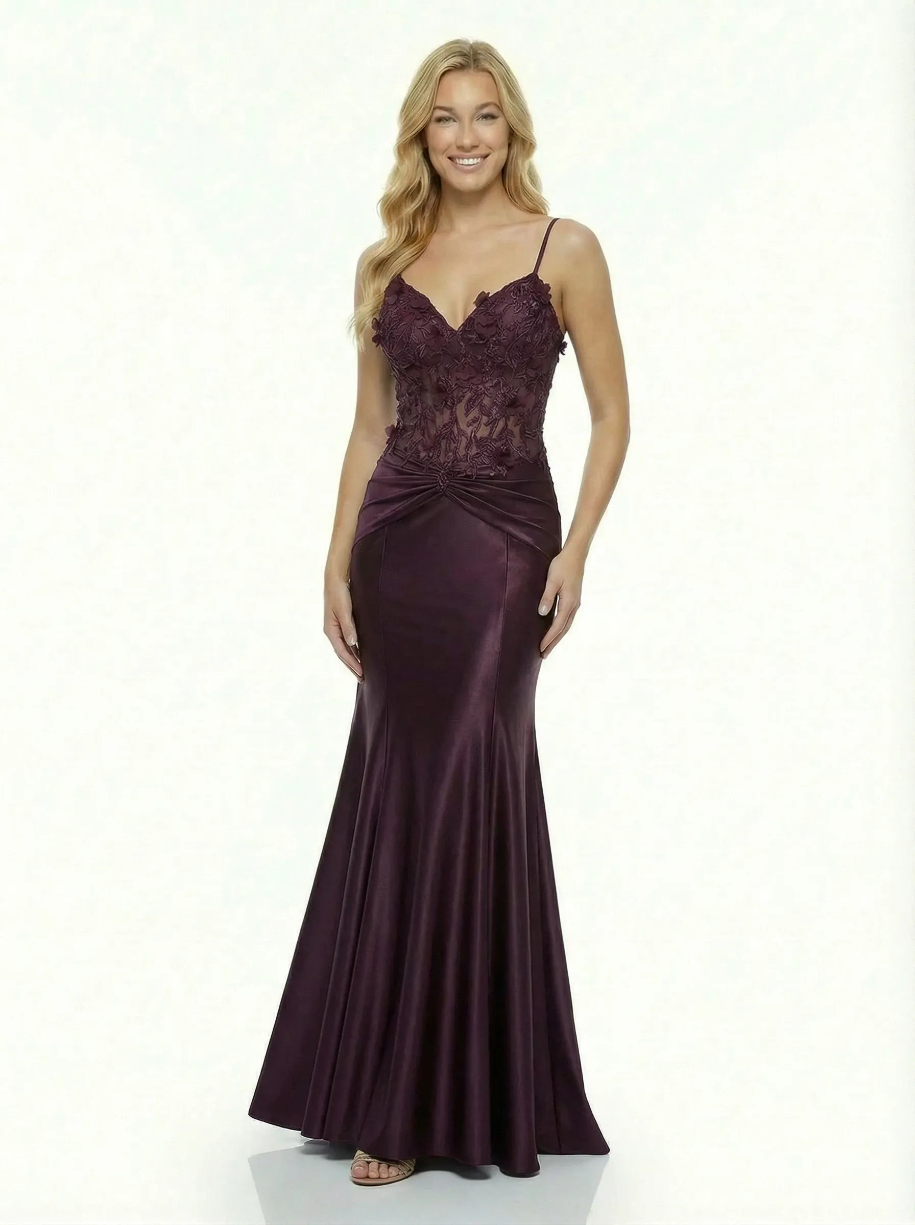 ChicSew Sexy V-Neck Lace Appliques Prom Gown Mermaid Satin Formal Dress Spaghetti Straps sold by ChicSew
