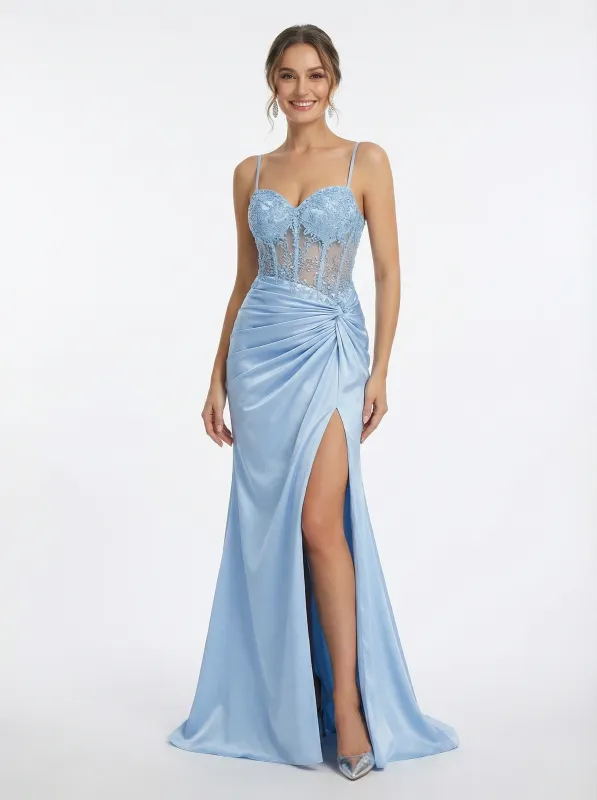 Fancy Sheer Corset Cut Out Prom Gown Strapless Ruched Satin Mermaid Dress Slit sold by ChicSew