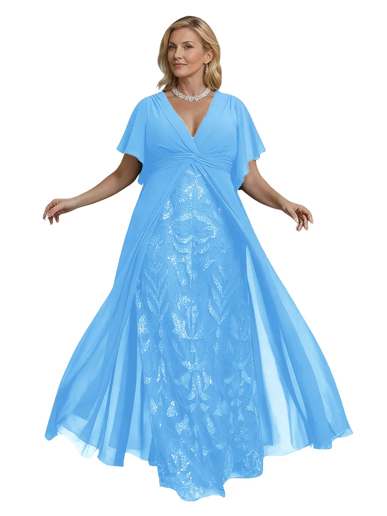 Elegant V-neck Bell Sleeves Lace Chiffon A-Line Mother of The Bride Dresses Overskirt sold by ChicSew product image thumbnail 4