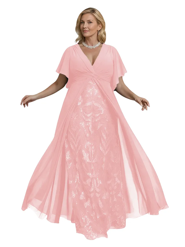 Elegant V-neck Bell Sleeves Lace Chiffon A-Line Mother of The Bride Dresses Overskirt sold by ChicSew product image thumbnail 5