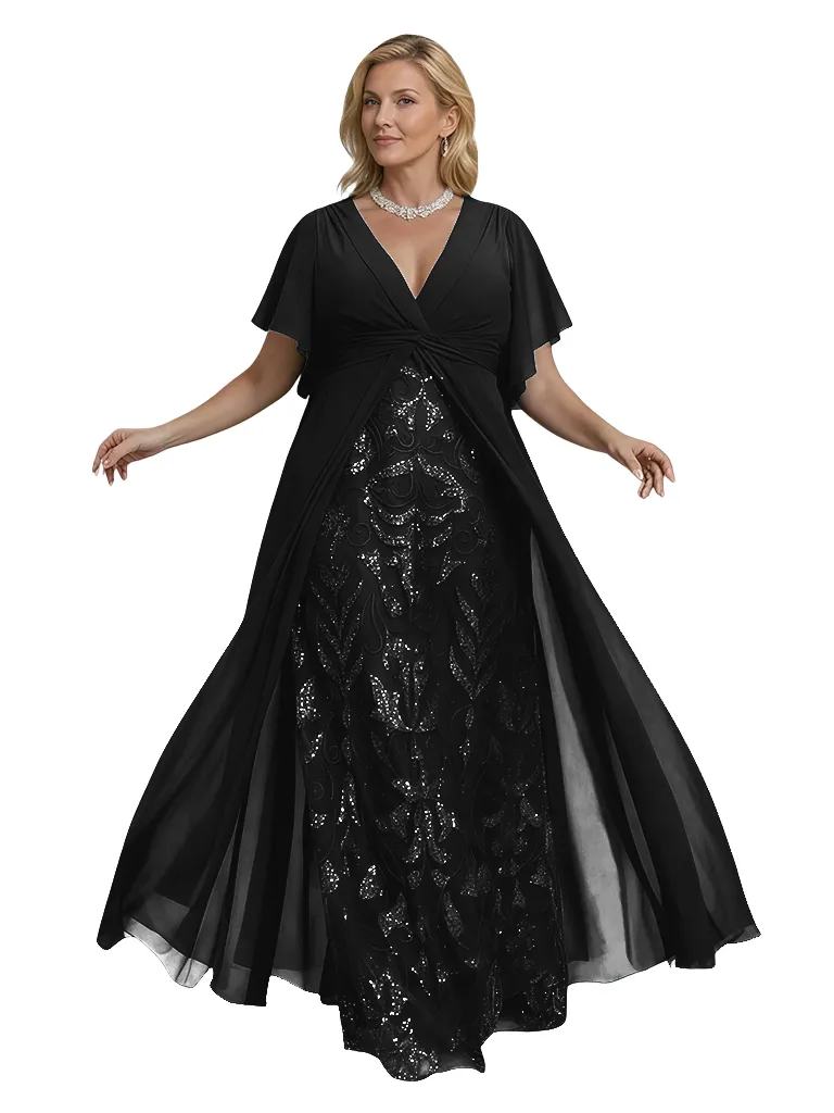 Elegant V-neck Bell Sleeves Lace Chiffon A-Line Mother of The Bride Dresses Overskirt sold by ChicSew product image thumbnail 3