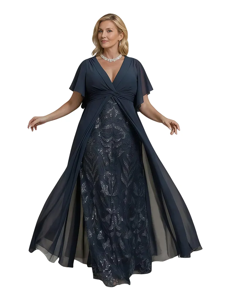 Elegant V-neck Bell Sleeves Lace Chiffon A-Line Mother of The Bride Dresses Overskirt sold by ChicSew