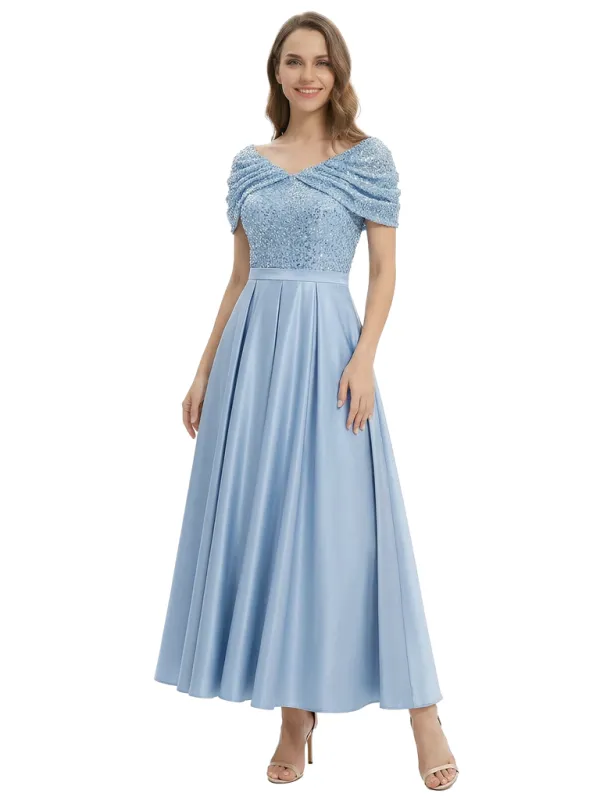 Elegant Cap Sleeve A-Line Sequin Satin Short Mother of the Groom Evening Dress sold by ChicSew