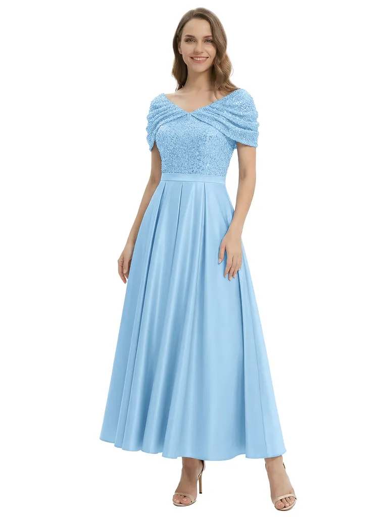 Elegant Cap Sleeve A-Line Sequin Satin Short Mother of the Groom Evening Dress sold by ChicSew product image thumbnail 5