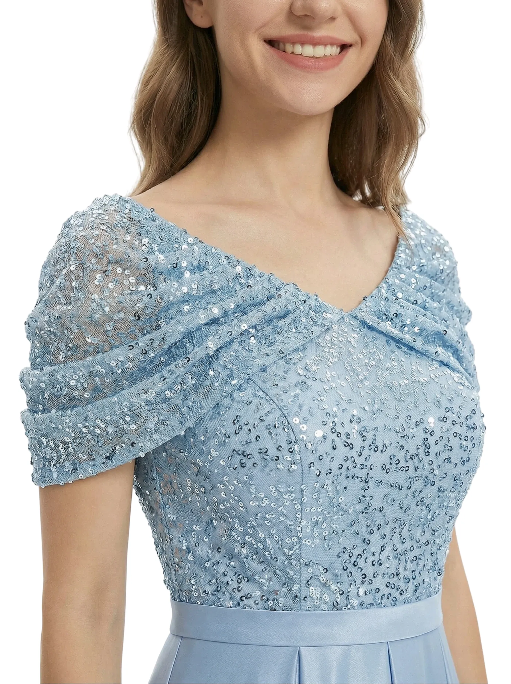 Elegant Cap Sleeve A-Line Sequin Satin Short Mother of the Groom Evening Dress sold by ChicSew product image thumbnail 2