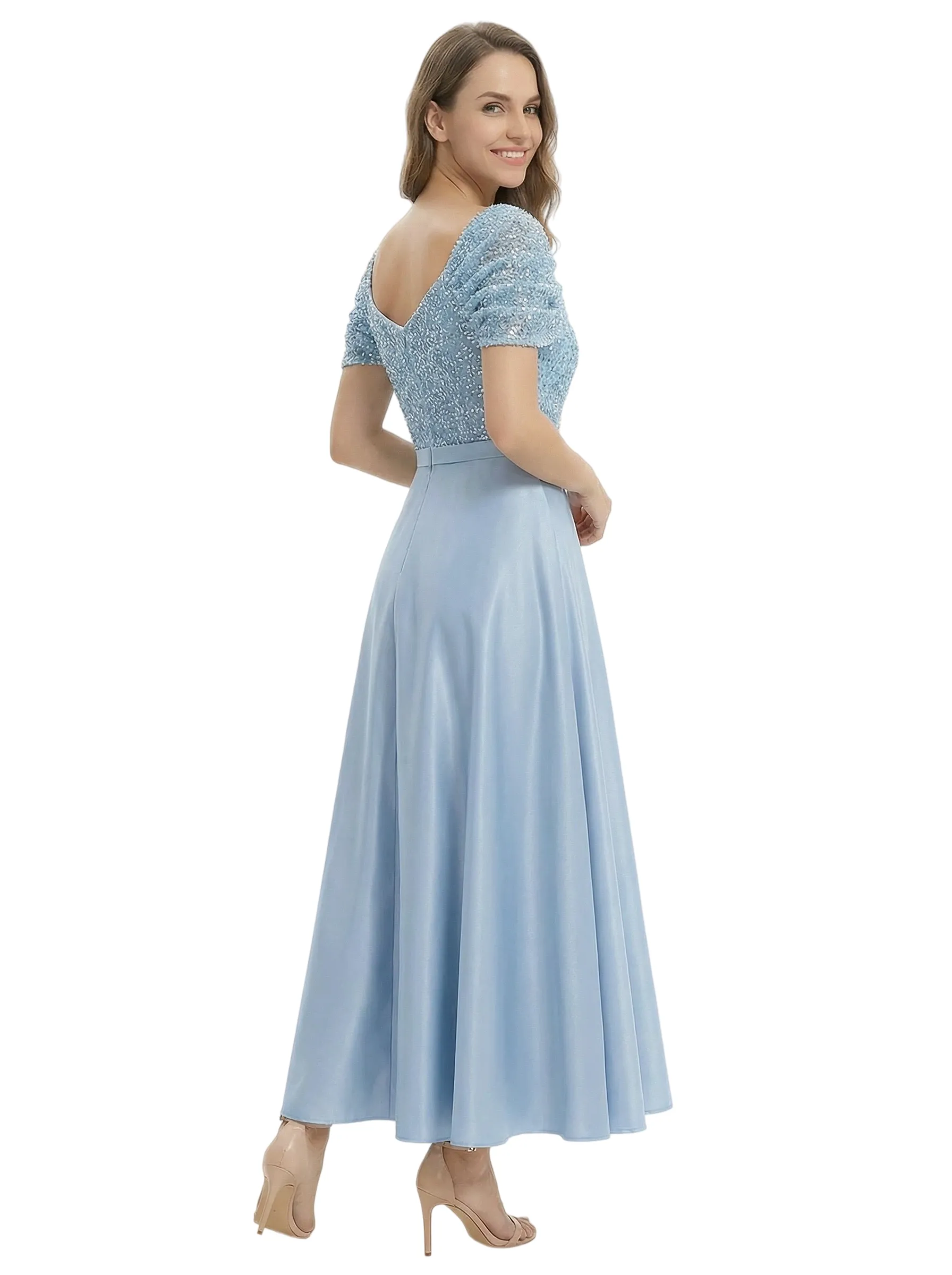 Elegant Cap Sleeve A-Line Sequin Satin Short Mother of the Groom Evening Dress sold by ChicSew product image thumbnail 3