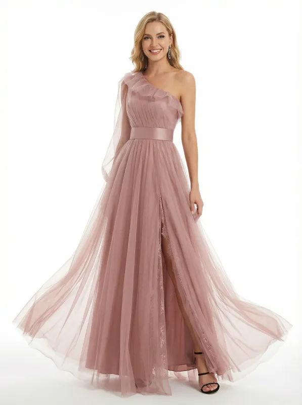 Modern One Shoulder Ruffle Tulle Prom Dress Side Slit Flowy A-Line Gala Evening Gown sold by ChicSew