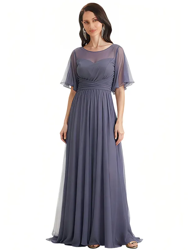 Elegant Flutter Sleeves Jewel A-Line Ruched Chiffon Mother Of The Bride Dress sold by ChicSew