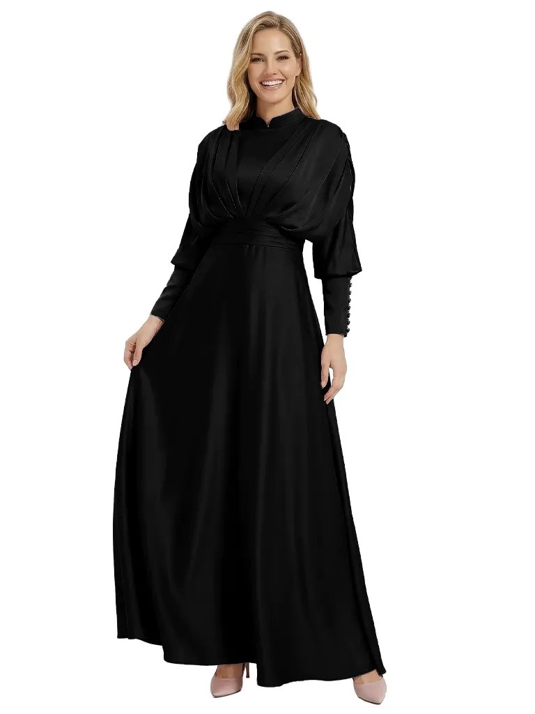 Stand Collar Satin Mother Of The Groom Dress Puff Sleeve Maxi Gown With Ruched Bodice Button Cuffs Waist Sash Luxe Elegant Formal Dresses sold by ChicSew product image thumbnail 4