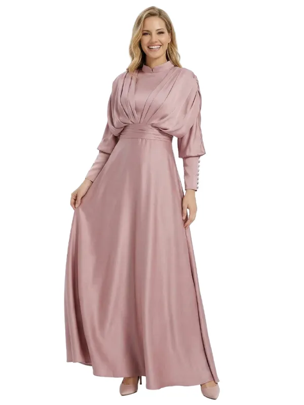 Stand Collar Satin Mother Of The Groom Dress Puff Sleeve Maxi Gown With Ruched Bodice Button Cuffs Waist Sash Luxe Elegant Formal Dresses sold by ChicSew