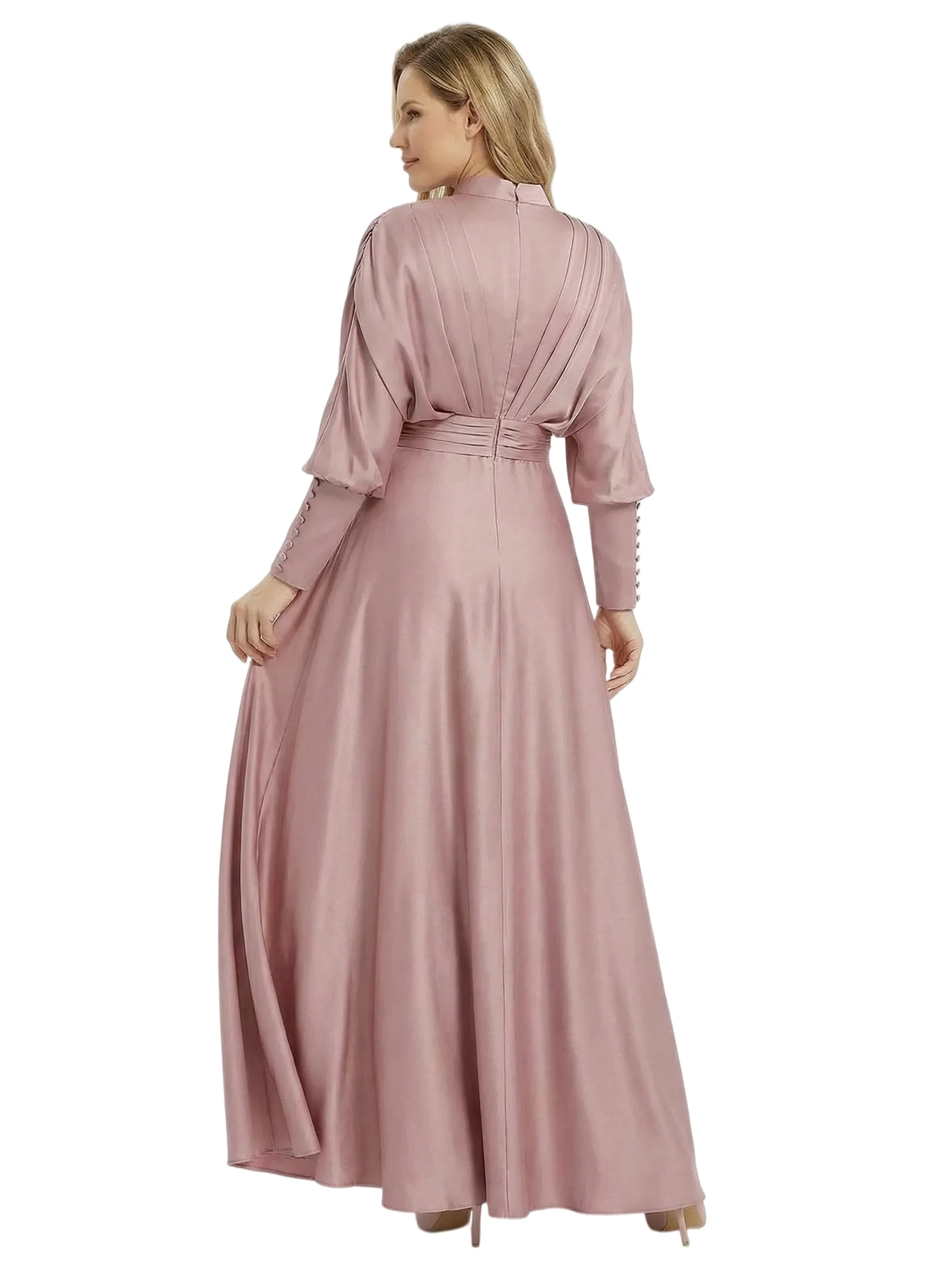 Stand Collar Satin Mother Of The Groom Dress Puff Sleeve Maxi Gown With Ruched Bodice Button Cuffs Waist Sash Luxe Elegant Formal Dresses sold by ChicSew product image thumbnail 3