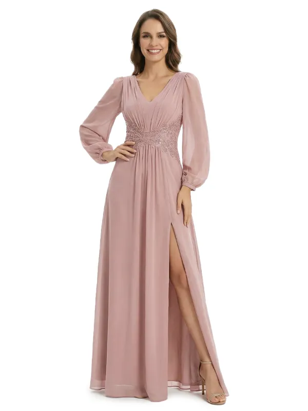 Classy V-Neck Mother of the Groom Dress Long Sleeve Chiffon Maxi Gown With Slit sold by ChicSew