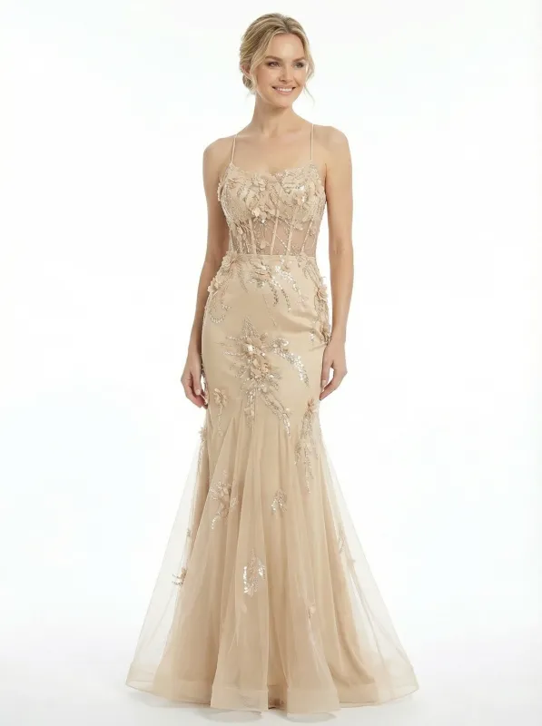 ChicSew Fancy Spaghetti Straps 3D Floral Applique Tulle Satin Mermaid Formal Dresses sold by ChicSew