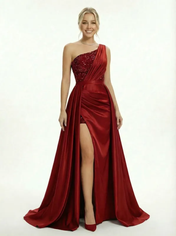 Shinning One Shoulder Mermaid Side Slit Satin Prom Dresses with Overskirt sold by ChicSew