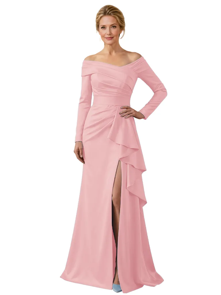 Sexy Off Shoulder Side Slit Long Sleeves A-Line Satin Mother of the Groom Evening Dress sold by ChicSew product image thumbnail 5