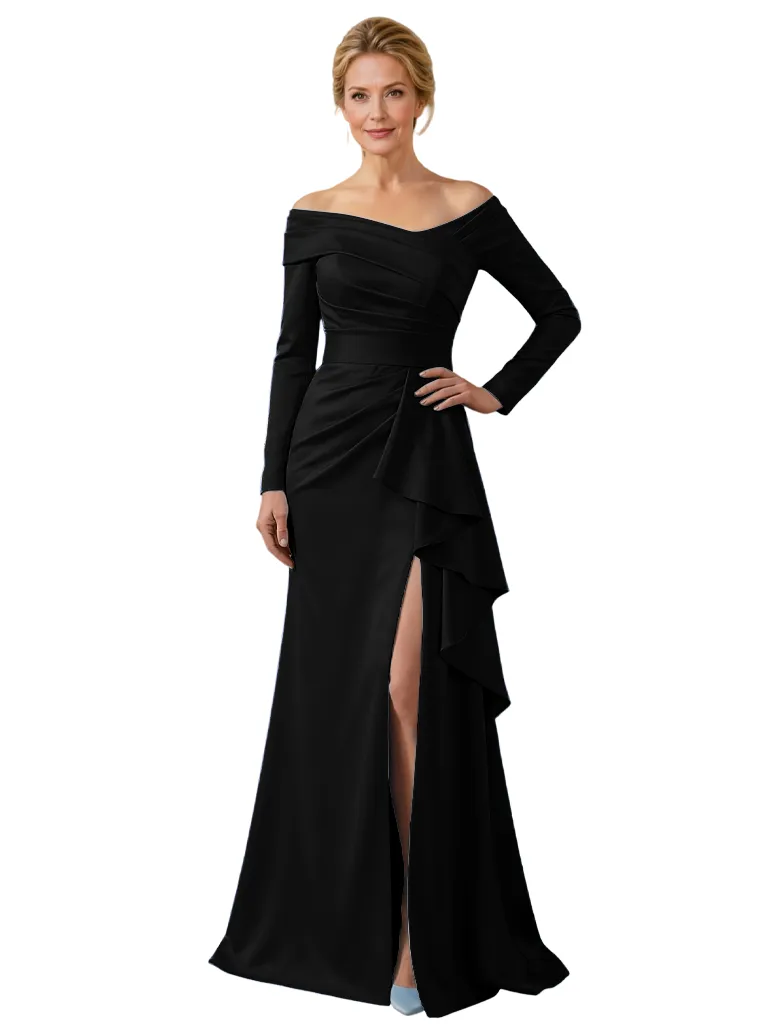 Sexy Off Shoulder Side Slit Long Sleeves A-Line Satin Mother of the Groom Evening Dress sold by ChicSew product image thumbnail 3