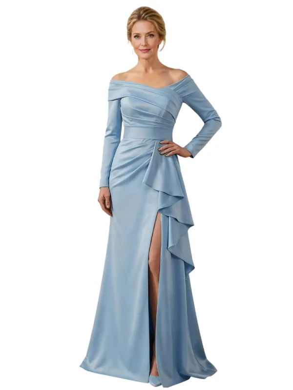 Sexy Off Shoulder Side Slit Long Sleeves A-Line Satin Mother of the Groom Evening Dress sold by ChicSew