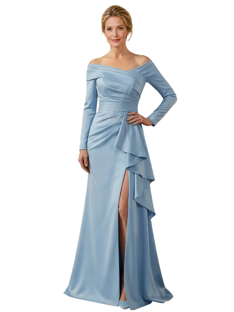 Sexy Off Shoulder Side Slit Long Sleeves A-Line Satin Mother of the Groom Evening Dress sold by ChicSew